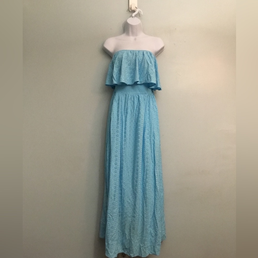 Strapless Eyelet Maxi Dress in Light Blue